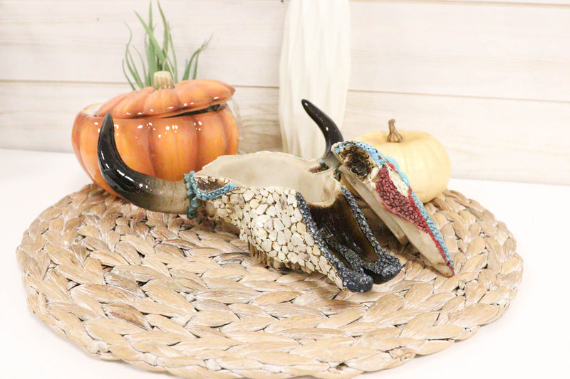 Western Turquoise And Red Teardrop Gems Mosaic Steer Cow Skull Decorative Box
