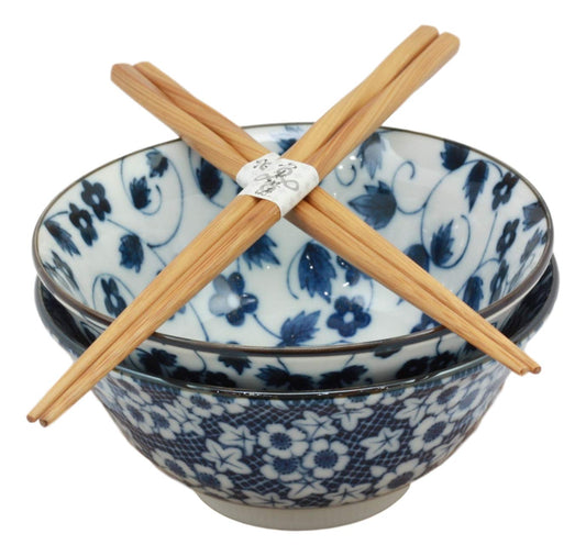 Ebros Japanese Vintage Floral Blue White Design Ceramic Bowl Set of 2 With Chopsticks