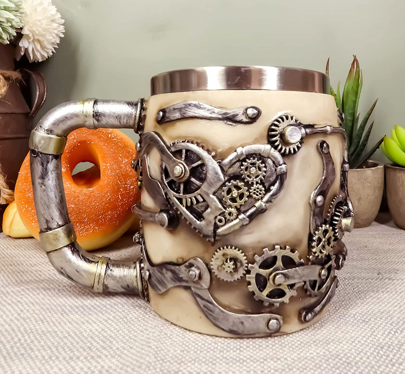 Ebros Metallo Super Cyborg Steampunk Pipes And Gears Skull Face Coffee Tea Mug Stein