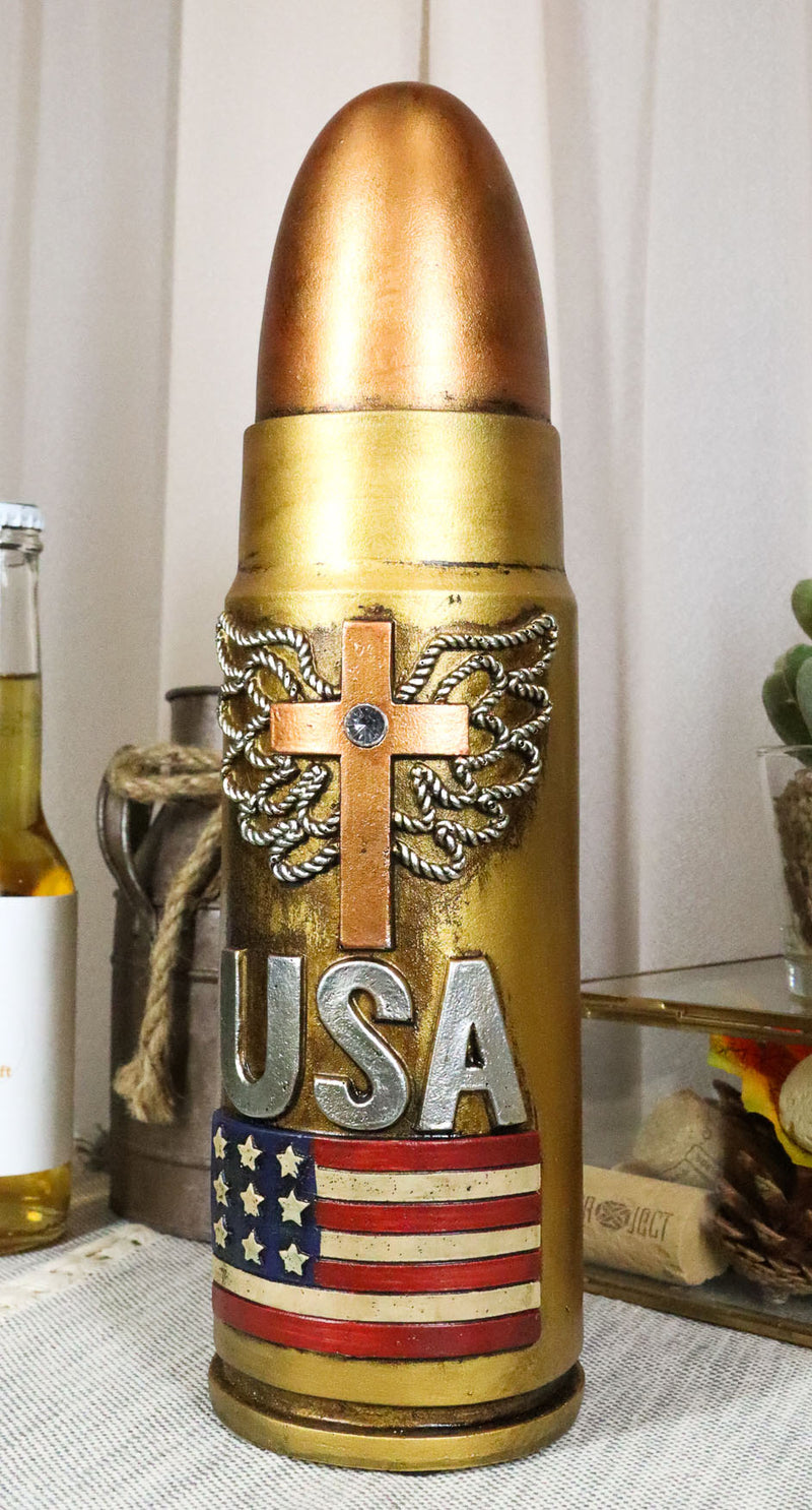 Western Rifle Bullet Casing Shell With USA Flag And Cross Money Coin Bank Decor