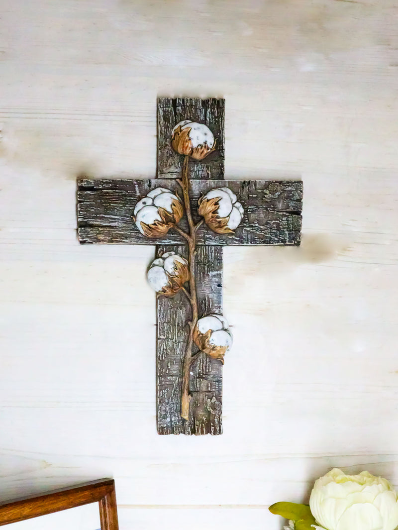 Rustic Farmhouse Cotton Stem And Bolls Crucifix Wall Cross In Rugged Wood Finish