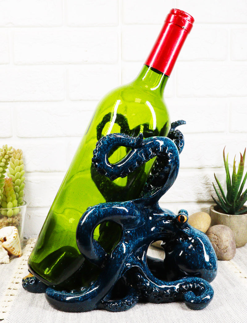 Ebros Nautical Coastal Ocean Blue Octopus Wine Holder 8"Wide Cephalopod Giant Creature Kraken Wine Caddy Figurine Statue Figurine