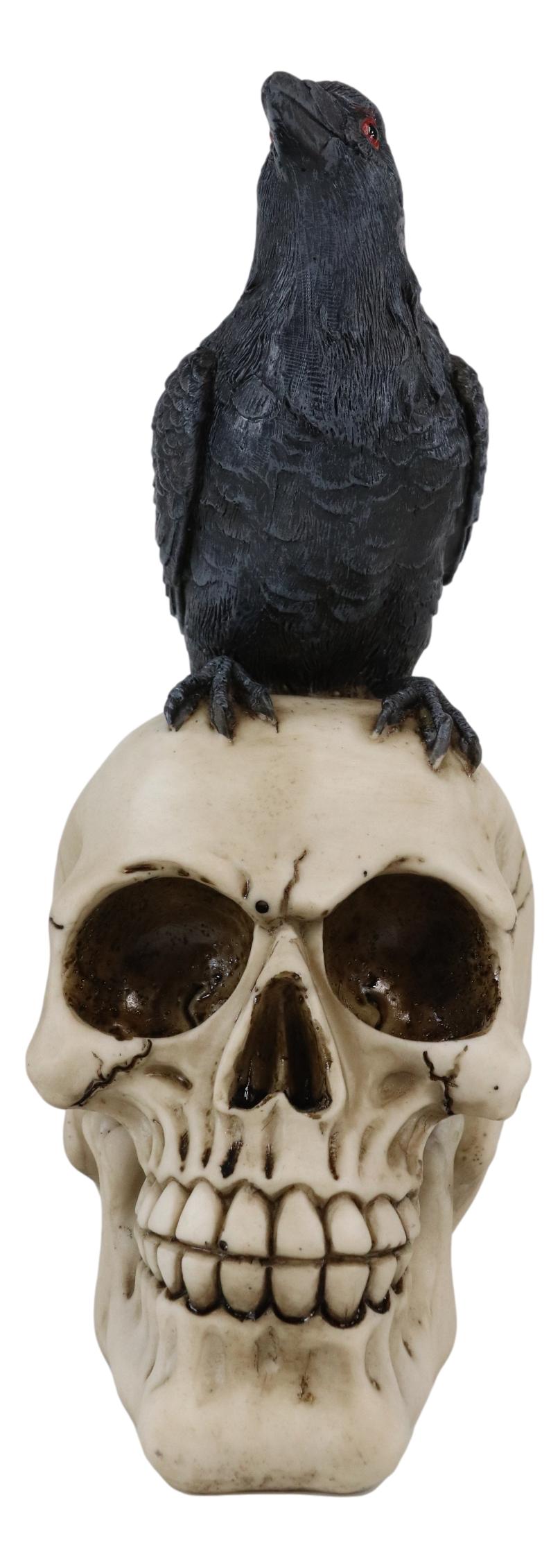 Quoth The Raven Nevermore Black Crow With Red Eyes On Macabre Skull Figurine - Ebros Gift