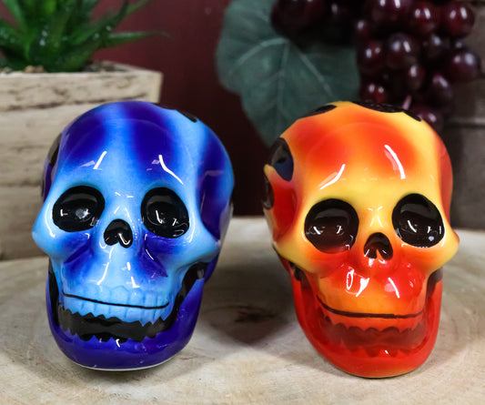 Hot Rod Flaming Inferno Skulls Ceramic Salt Pepper Shakers Fire El Diablo - Ebros Gift
