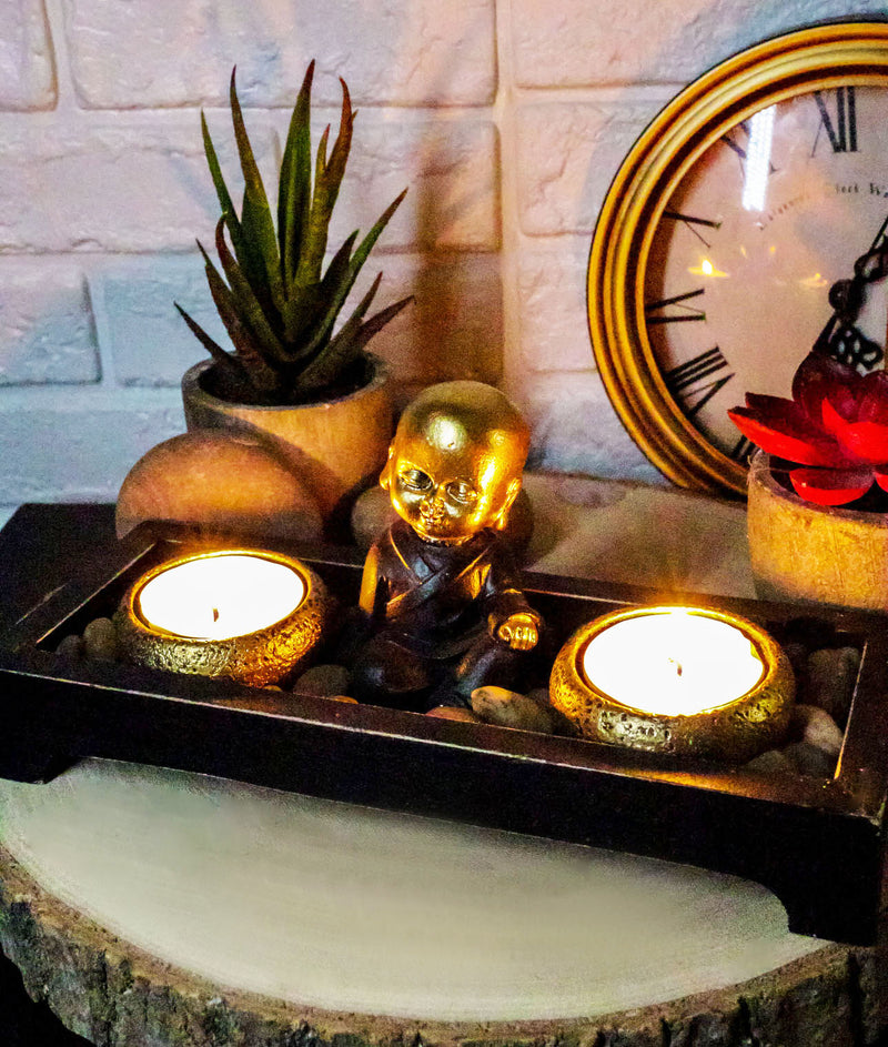 Ebros Baby Buddha Monk Twin Tea Light Votive Candle Holder Zen Garden Rocks Figurine