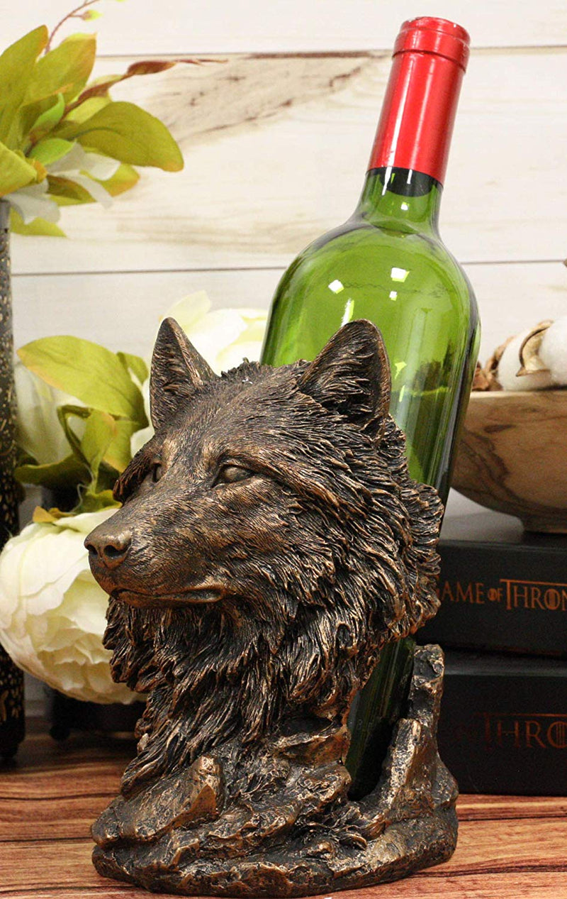 Ebros Large Rustic Wolf Head Wine Holder Figurine 7.75" Tall Caddy Organizer