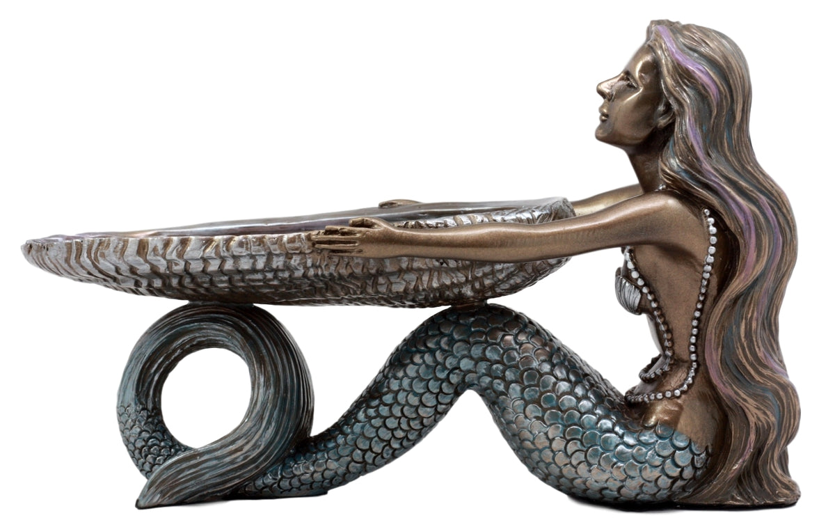 Ebros Gift Mermaid Holding Abalone Shell Platter Jewelry Dish Figurine 9"L Art Nouveau Soap Dish Key Holder Multi Function Decor