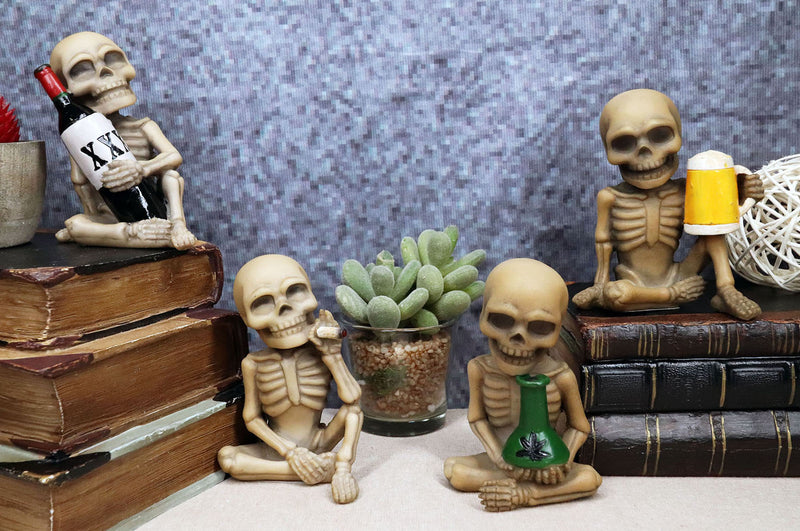 Ebros Addicted to The Bones Drinking Puffing Smoking Vices Skeletons Figurine Set of 4