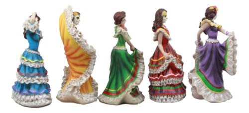 Set of 5 Day Of The Dead Orange Gown Sugar Skull Dancer Statue Vivas Calacas
