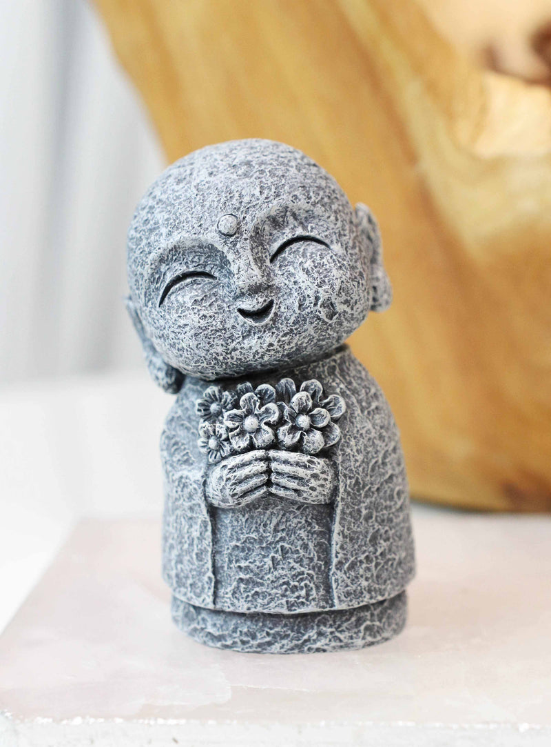 Feng Shui Zen Blissful Japanese Jizo Monk Holding Flowers Mini Figurine 3"Tall