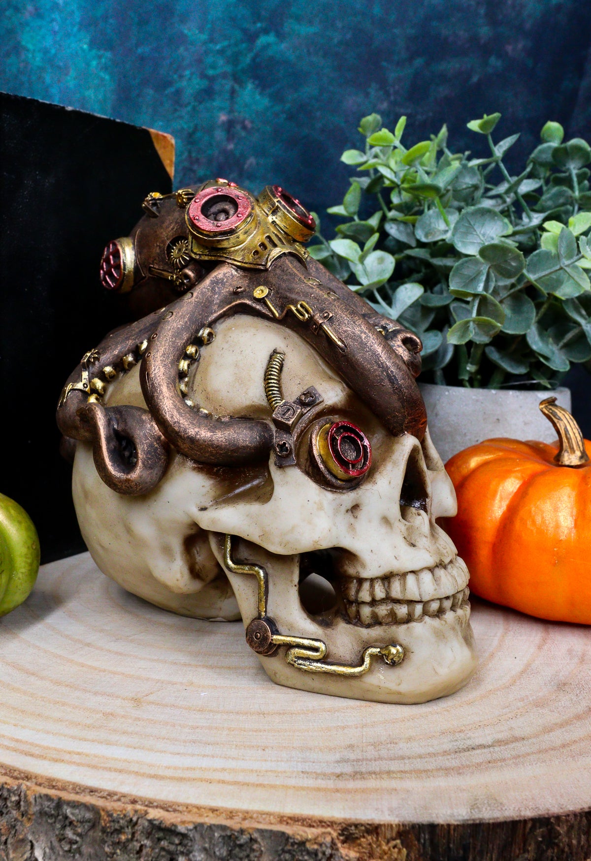 Ebros Sea Monster Golden Masked Octopus Wrapped Around Cyborg Robot Skull 5.25"H