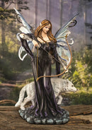 Moon Goddess Artemis Fairy with White Snow Wolf Drawing Bow and Arrow Statue