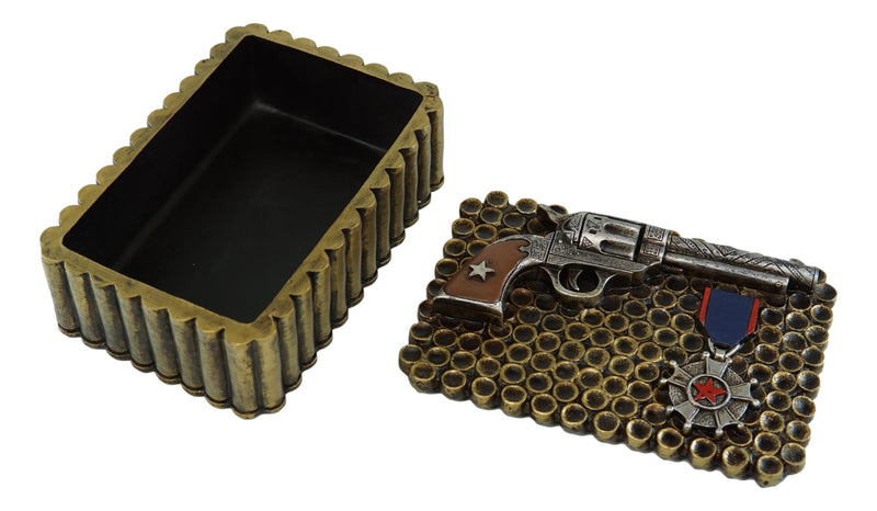 Western Six Shooter Pistol Ammo Shells Gold Tone Bullets Decorative Box 7"L