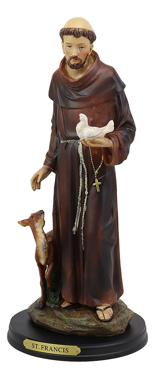 Ebros Gift Holy Catholic Saint Francis of Assisi with Dove and Deer Statue and Brass Name Plate 12.25" H Devoted Monk Patron of Animals & Environment Servant of Christ Altar Figurine Sculpture - Ebros Gift