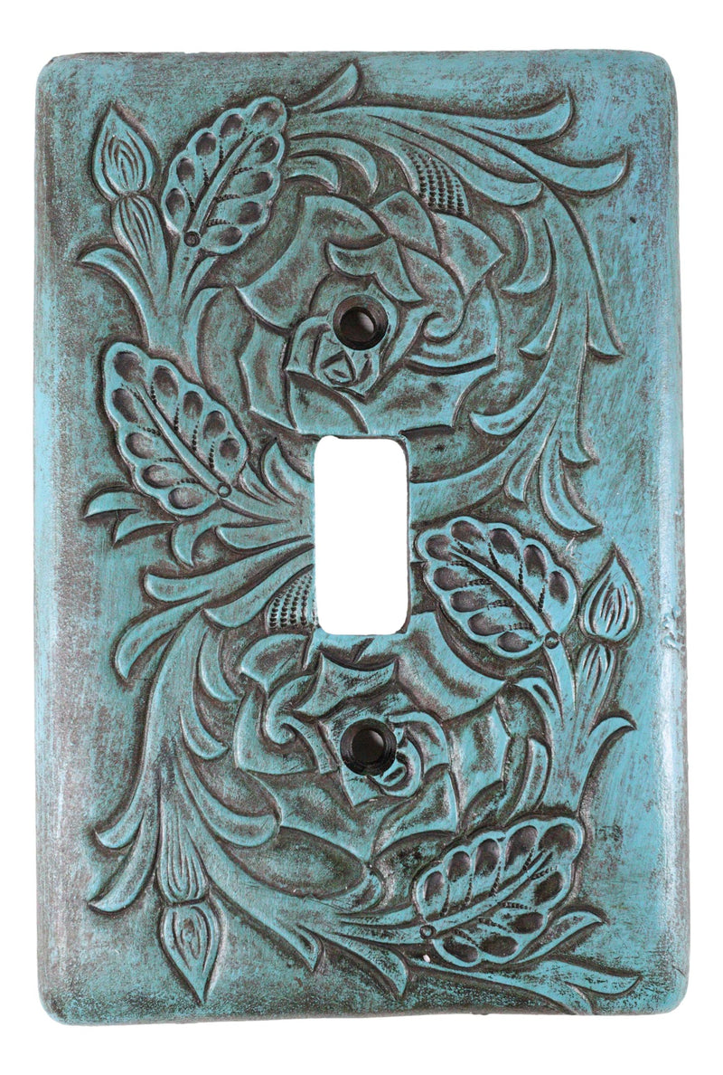 Set of 2 Western Tooled Floral Turquoise Wall Single Toggle Switch Plates