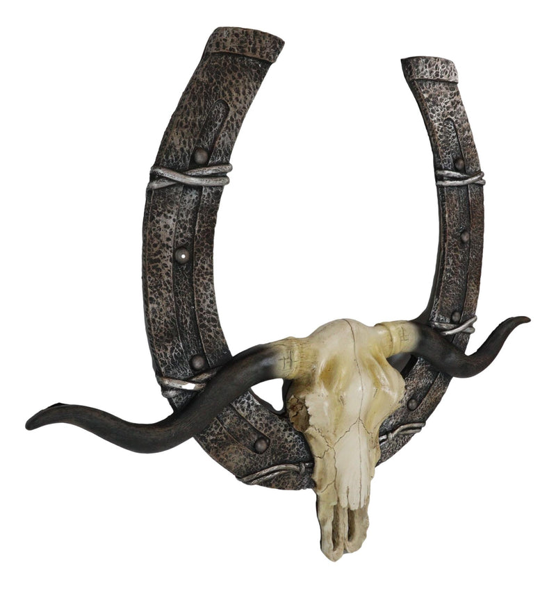 21" L Rustic Western Longhorn Bull Cow Skull With Giant Horseshoe Wall ...