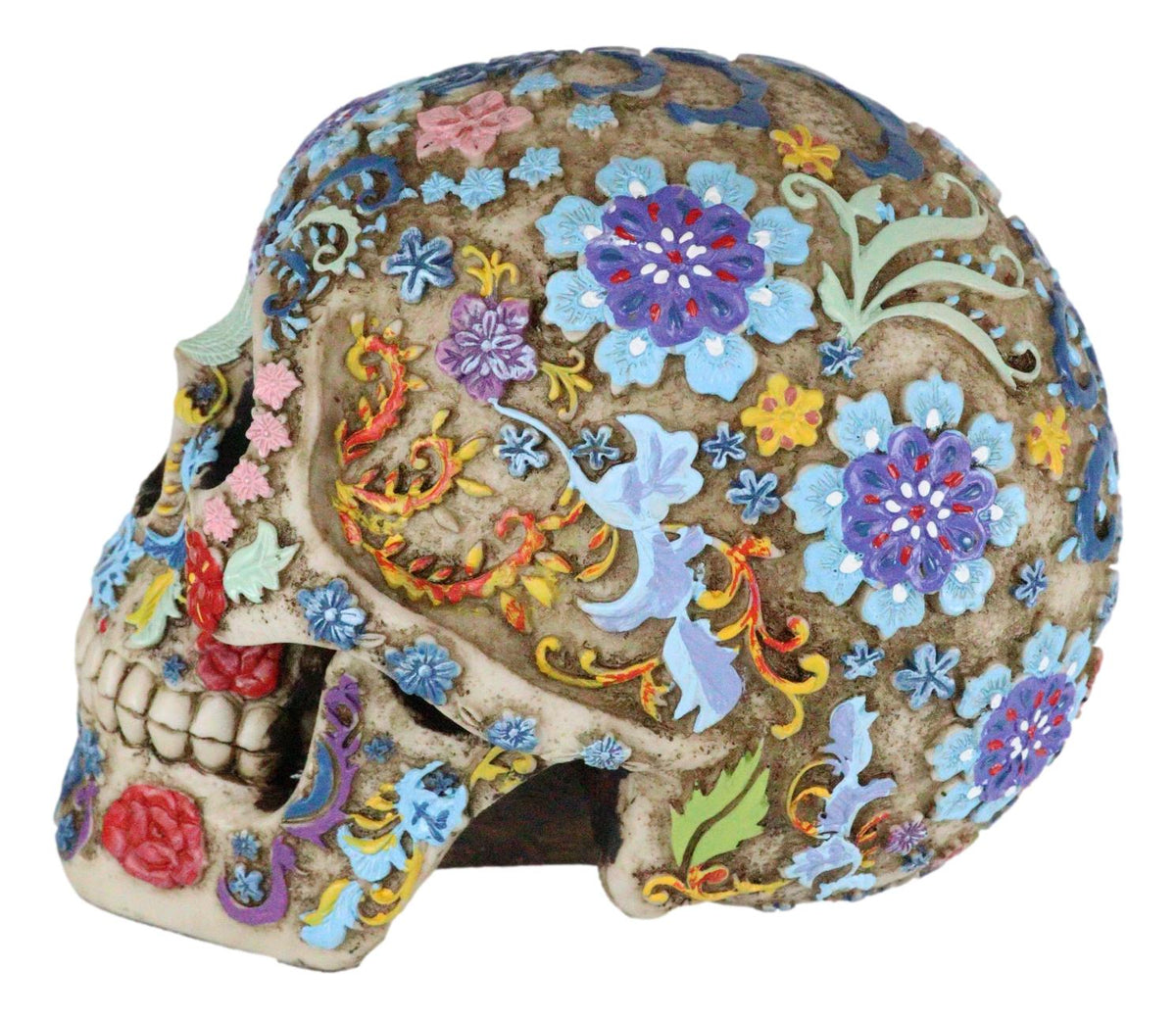 Ebros Colorful Day Of The Dead Floral Sugar Skull Statue Skeleton Head Sculpture - Ebros Gift