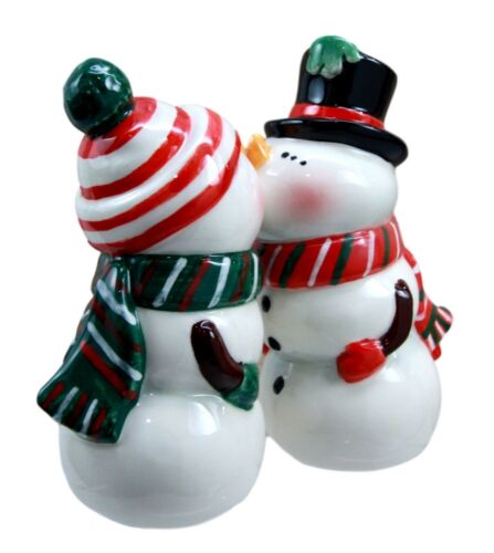 Mr & Mrs Snowman Christmas Couple Magnetic Ceramic Salt Pepper Shakers Set