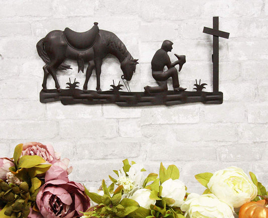Ebros Gift 21" Wide Wild West Kneeling Cowboy with Horse in Solemn Prayer by The Cross Metal Aluminum Wall 3D Art Sign Plaque Inspirational Vintage Western Country Decor Sculpture - Ebros Gift