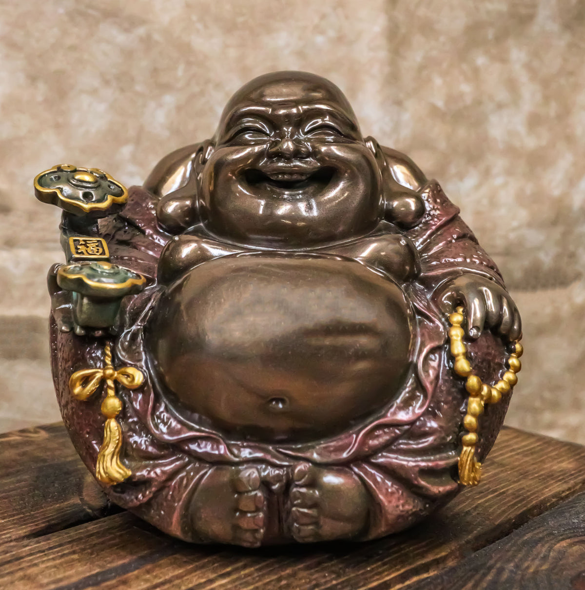 Feng Shui Hotei Laughing Happy Buddha with Gold Ingot and Prayer Beads Figurine