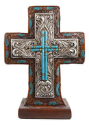 Rustic Western Silver Floral Scrollwork And Blue Turquoise Standing Cross Plaque