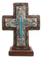 Rustic Western Silver Floral Scrollwork And Blue Turquoise Standing Cross Plaque