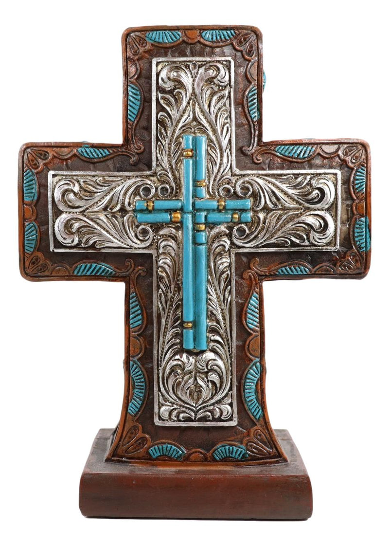 Rustic Western Silver Floral Scrollwork And Blue Turquoise Standing Cross Plaque
