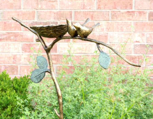 Romantic Lovebirds By Nest On Branch Twigs Aluminum Garden Stake Bird Feeder