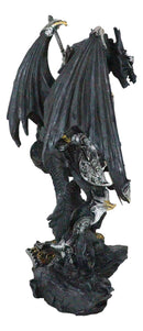 Faux Stone Silver Armored Dragon Holding Excalibur Dagger Blade Sword Statue