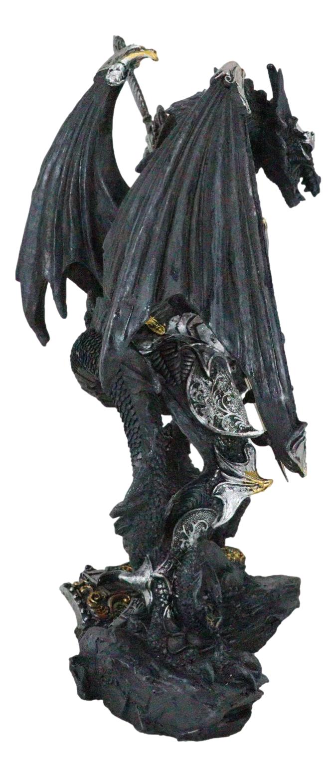 Faux Stone Silver Armored Dragon Holding Excalibur Dagger Blade Sword Statue