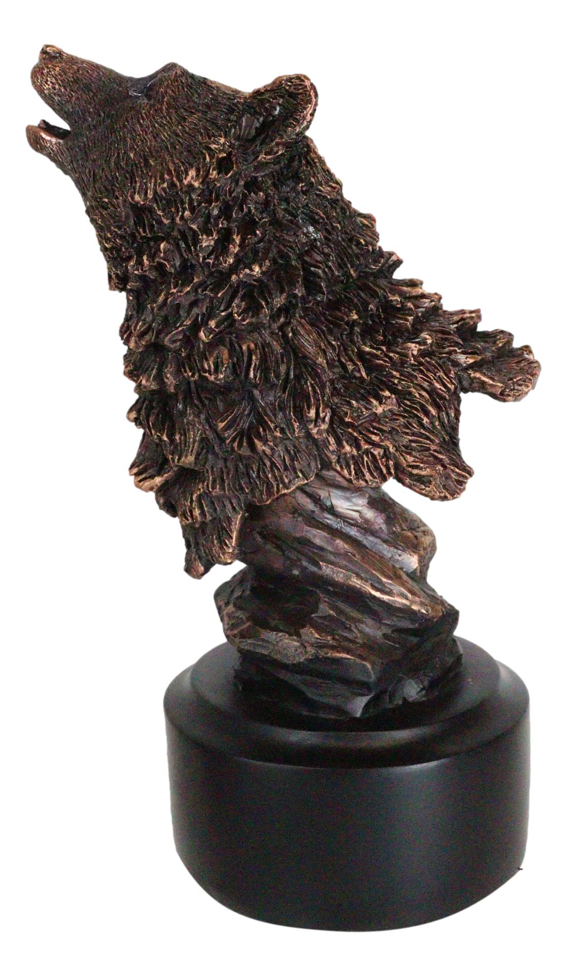 Rustic Woodlands Howling Alpha Wolf Head Bust Bronzed Resin Figurine With Base