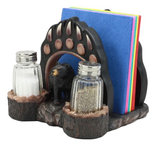 Ebros Animal Totem Black Bear Paw Napkin and Salt Pepper Shakers Holder Statue