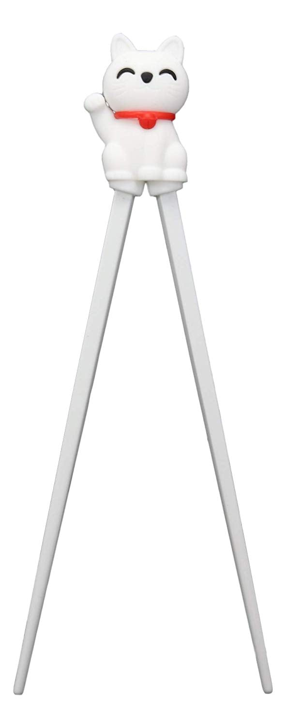 Ebros White Maneki Neko Reusable Training Chopsticks Set With Silicone Helper