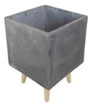 Set of 2 Contemporary Gray Fiber Clay Square Cube Planters Pots With Wooden Feet