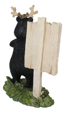 Rustic Western Whimsical Black Bear With Antlers And Feed The Deer Sign Figurine