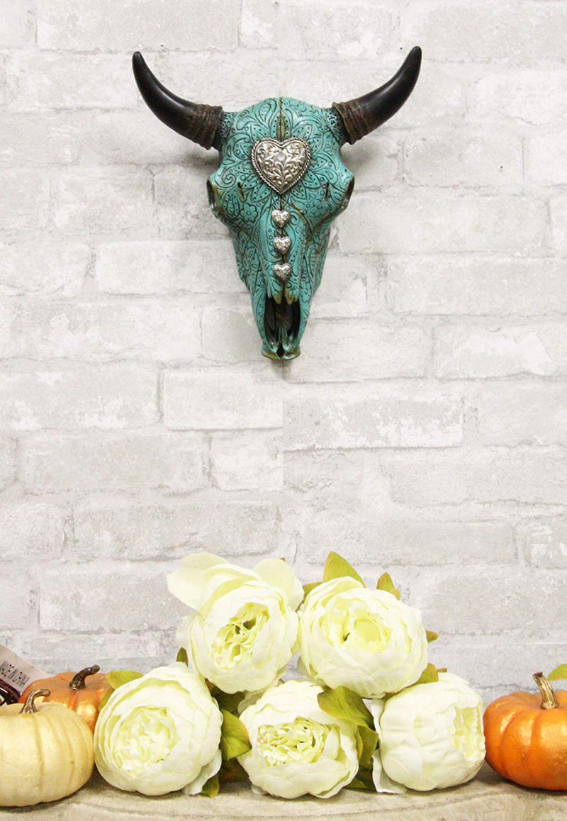 Ebros 10" Wide Western Southwest Steer Bison Buffalo Bull Cow Horned Skull Head Turquoise Silver Heart with Scroll Lace Design Wall Mount Decor - Ebros Gift