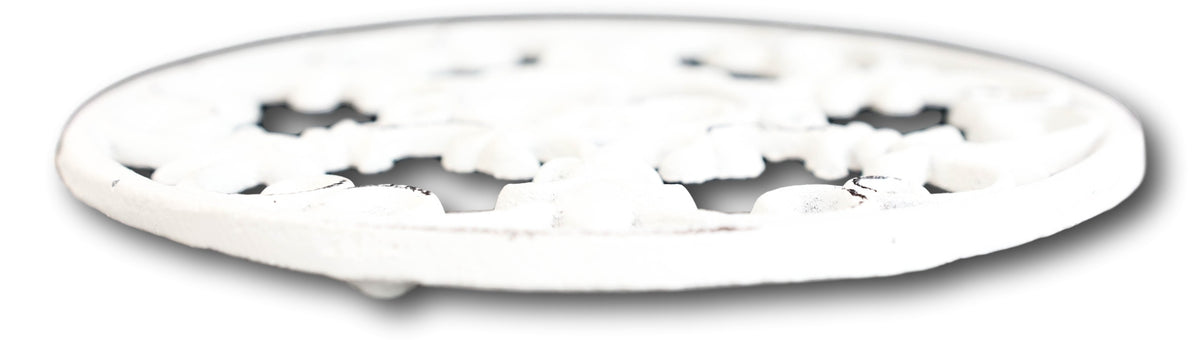 Rustic White Fleur De Lis Medallion In Snowflake Scroll Design Cast Iron Trivet