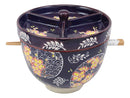 Ebros Japanese Dining Tempura Udon Noodles And Tentsuyu Dipping Sauce Large 6"D Bowl With Condiment Divider Lid And Built In Chopsticks Rest With Bamboo Chopsticks Set (Blue Spring Blossoms)