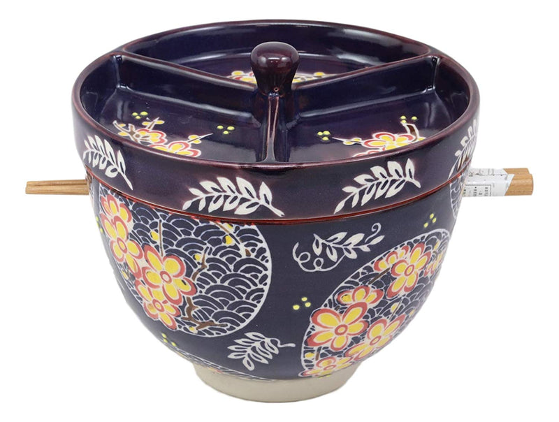 Ebros Japanese Dining Tempura Udon Noodles And Tentsuyu Dipping Sauce Large 6"D Bowl With Condiment Divider Lid And Built In Chopsticks Rest With Bamboo Chopsticks Set (Blue Spring Blossoms)