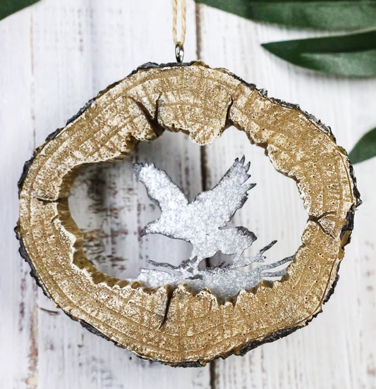 Rustic Western Bald Eagle Faux Wood Log Slice Set of 4 Christmas Tree Ornaments