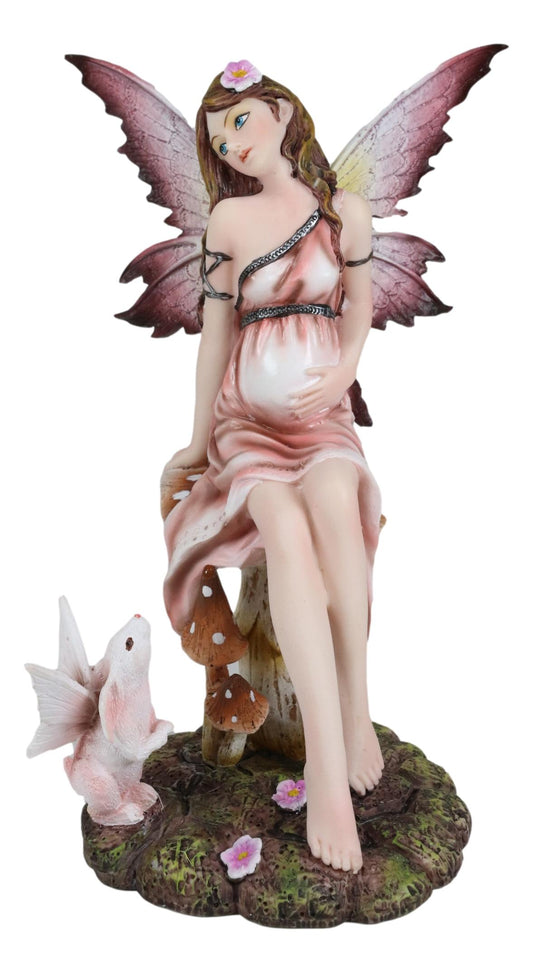 Ebros Fairyland 8 Inch Expecting a Baby Fairy Sitting on Mushroom Statue Figurine - Ebros Gift