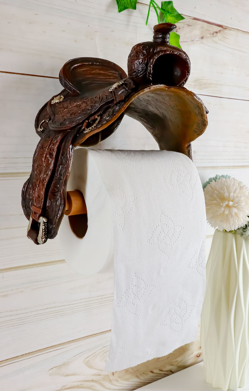 Ebros Western Tooled Pattern Horse Saddle Decorative Toilet Paper Holder 7.5"H