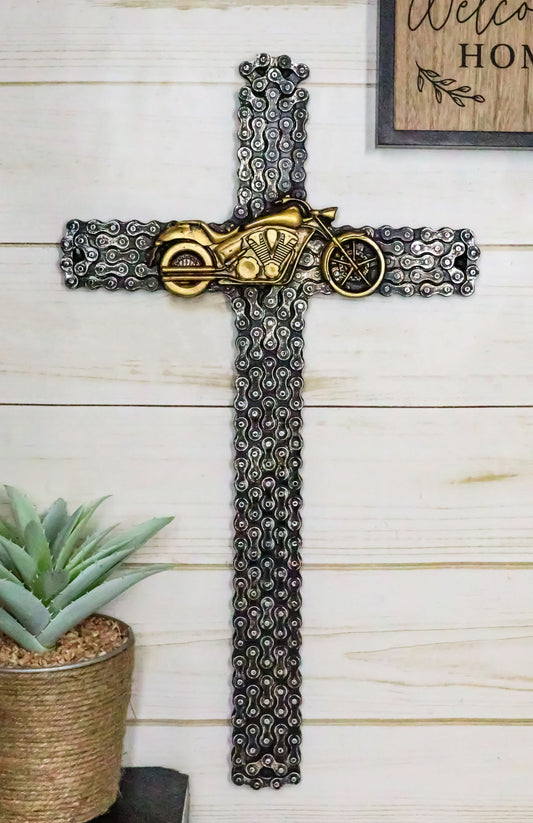 Western Rustic Motorcycle Chains Mechanic Biker Chopper Bike Wall Cross Decor - Ebros Gift