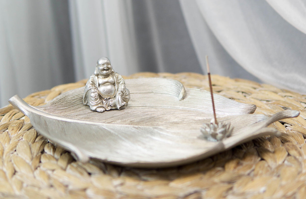 Ebros Fengshui Laughing Buddha Silver Finish Incense Holder 10.5"Long