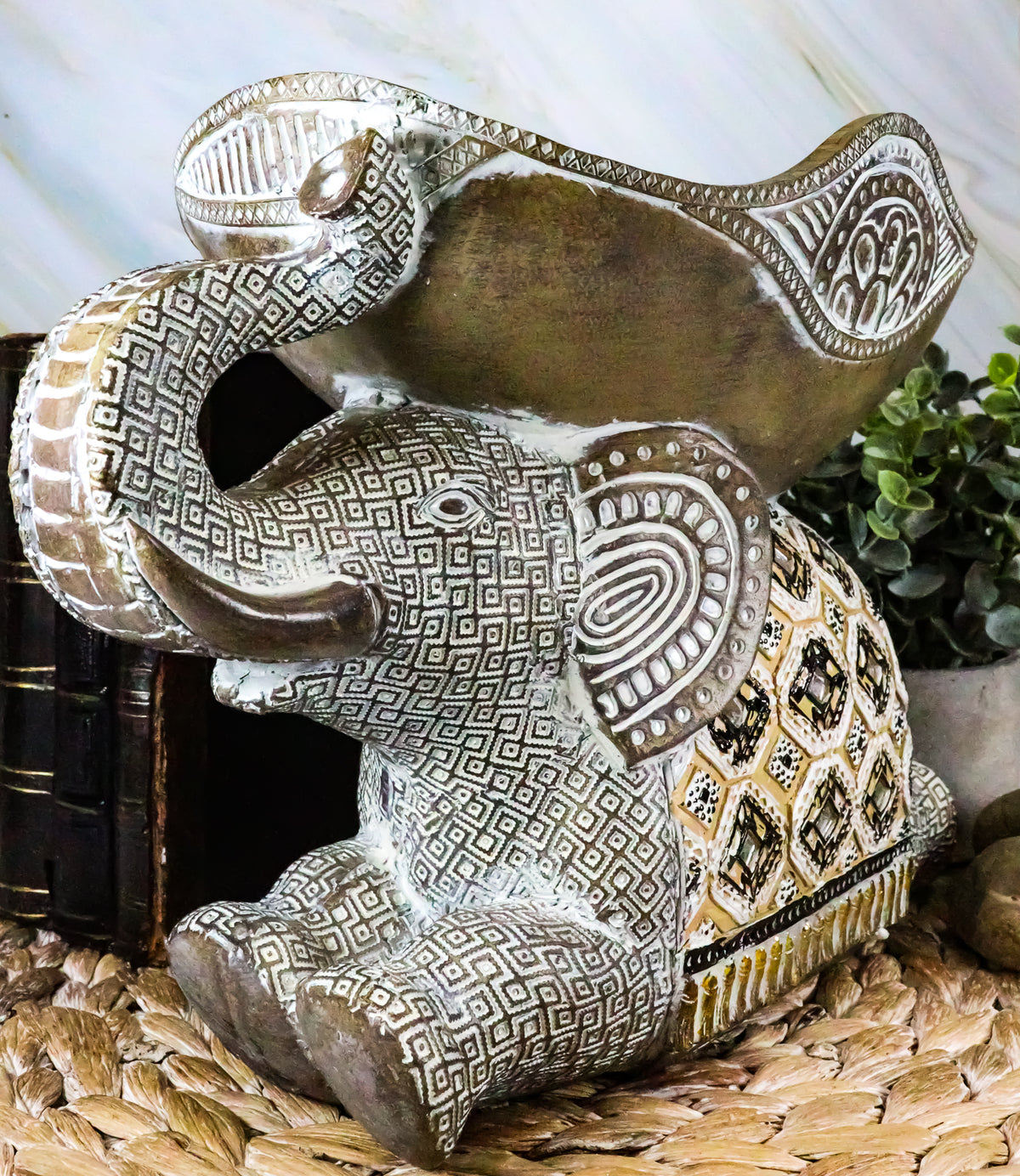 Ebros Gold Mosaic Design Elephant Laying Down W/ Trunk Up Holding Bowl Decor