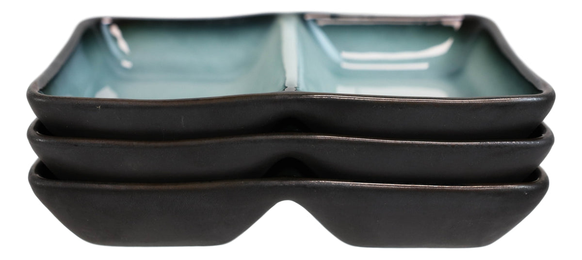 Pack Of 6 Ceramic Zen Blue Soy Sauce Or Condiment Dishes With 2 Compartments