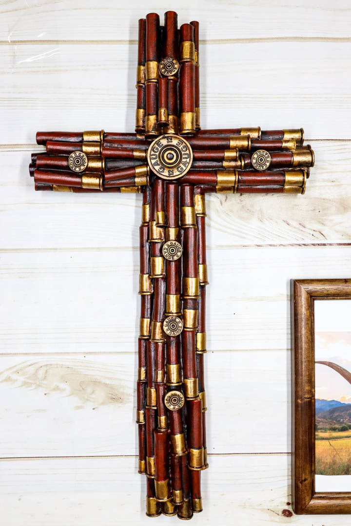 Rustic Western Stacked Red And Gold 12 Gauge Shotgun Bullet Casings Wall Cross