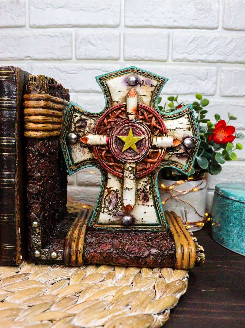 Rustic Western Star Turquoise Birchwood Birch Tree Cross Decorative Bookends Set