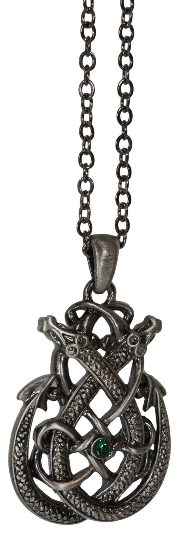 Celtic Knotwork Twin Draco Fearsome Serpentine Dragons Pewter Jewelry Necklace