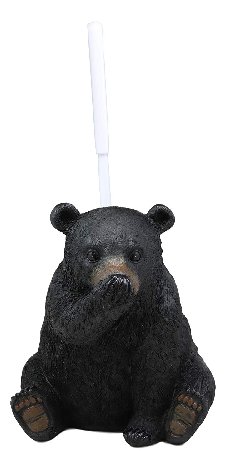 Ebros 14.5" Tall Whimsical Funny Forest Mountain Black Bear Covering Nose Toilet Brush Scrub and Base Holder Bathroom Gift 2 Piece Set Statue Rustic Cabin Lodge Bears Decor Accent Figurine - Ebros Gift